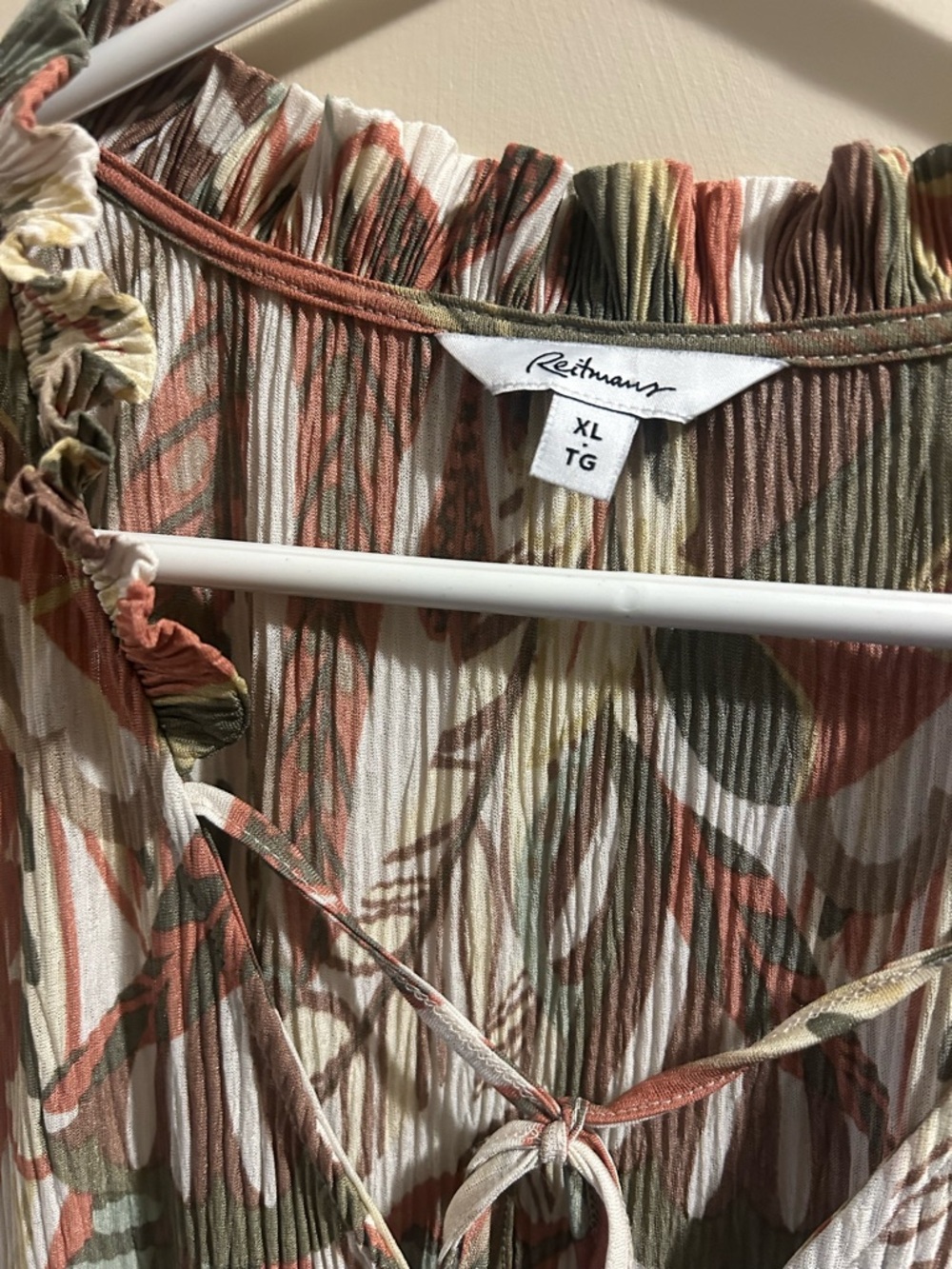 Reitmans Pleated Floral Tie-Back Top in Olive, Rust, Cream